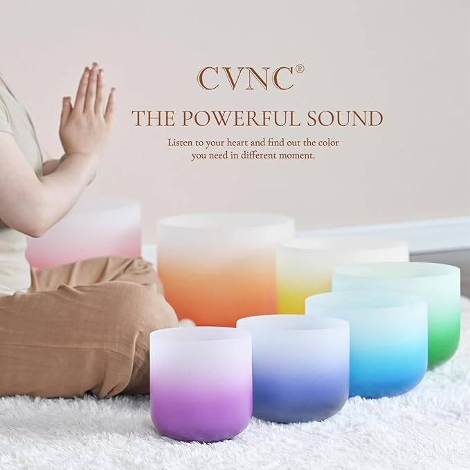 CVNC 432HZ 6-12 Inch Set of 7 PCS Aria Gradient Design Frosted Quartz Crystal Singing Bowls with 2 PCS Carry Case Bag for Sound Healing and Therapy Meditation - Bloomnest