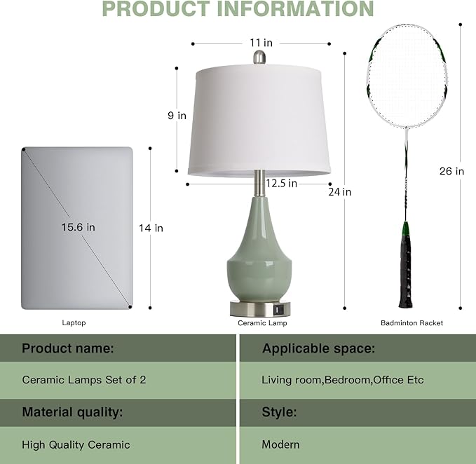 Modern Green Table Lamp Set of 2, 24" Ceramic Table Lamp with USB A+C Ports,Classic Beside Lamps Nightstand Lamp Modern Lamp for Living Room, Bedroom & Office -LED Bulbs Included - Bloomnest