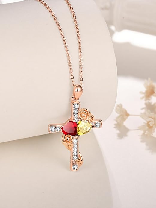 Rose Gold Dual Birthstones Cross Necklace for Women Rose Flower Jewelry Anniversary Christmas Mother's Valentine's Day Birthday Gift for Wife Girlfriend Mom - Bloomnest