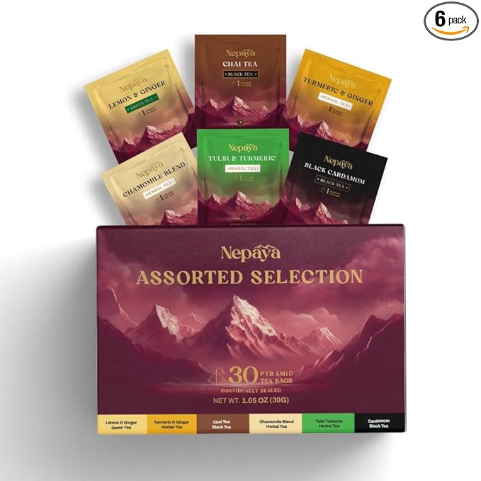Assorted Tea Bags Sampler Gift Set - 6 Tea Variety Pack 30 Count, Set of Herbal, Green and Black tea Bags, Long Leaf Pyramid Tea Bags from the Himalayas - TRY IT ONCE - Bloomnest