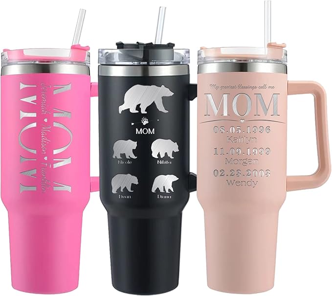 Custom Mama Bear Tumbler with Kids Names, Personalized Mothers Day Gift for Women, Her, New Mom, Customized 40oz Insulated Stainless Steel Coffee Mom Cup with Straw Lid - Bloomnest