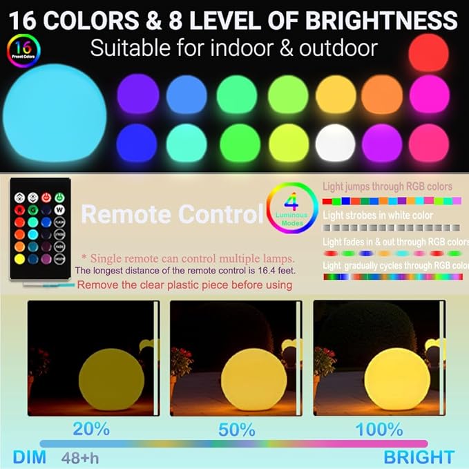 50CM/20-inch Large LED Globe Orb Light, Rechargeable LED Ball Light, Dimmable 16 RGB Colors Globe Floor Lamp w/Remote, Indoor/Outdoor Waterproof Glowing Orb Mood Lamp for Home Garden Patio Party - Bloomnest