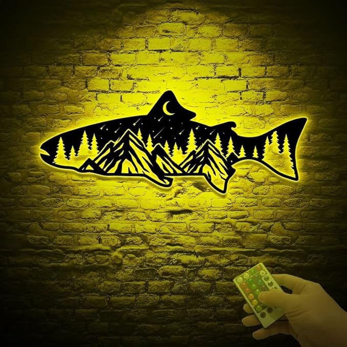 Personalized Neon Sign, Bass Fish Mountain Metal Wall Art Led Light, Fishing Gifts for Men, Gift for Dad, Fish and Trees Sign, Cabin Lodge Decor, Fisherman Gift - Bloomnest