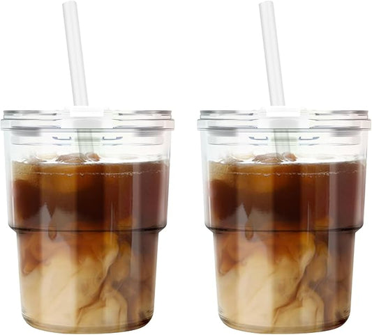 13oz Glass Tumbler with Straw and Lid，Reusable Iced Coffee, Tea, Smoothie, and Water Cup, Sealed Carry-On Glass Cups for Travel and Outdoor Use (Iridescent Shimmer 2 Pack, 2 Pack)