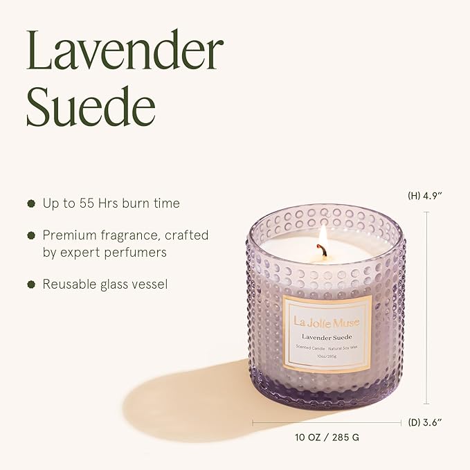 LA JOLIE MUSE Lavender Suede Candle - Lavender, Eucalyptus, Sandalwood | 10 oz Natural Soy Wax | 55 Hours Clean Burn | Aromatherapy Candle | Perfect for Relaxation, Self-Care and Meditation - Bloomnest