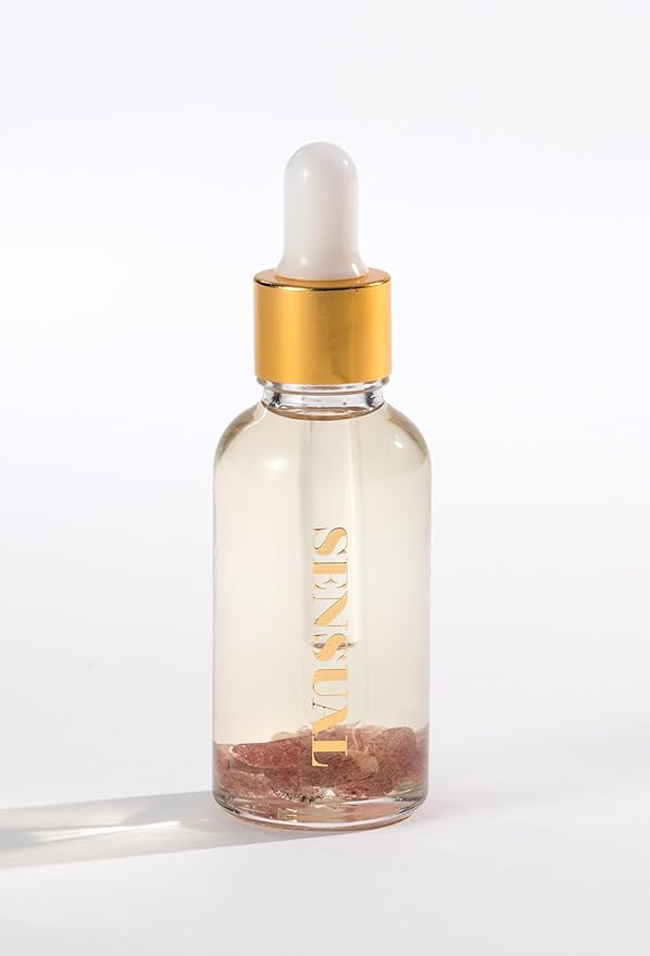 Crystal Infused Essential Oil Vial, 1 Oz, Sensual - Strawberry Quartz Crystal Infused - Scents of Star Anise, Rose, Sichuan Pepper & White Musk - Aromatherapy Oils, Massage, Relaxing