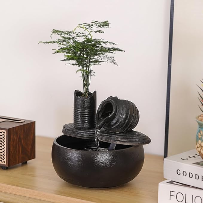 Ceramic Tabletop Fountain Water Feature Fall Indoor and Outdoor Decoration (Black Pot A150) - Bloomnest