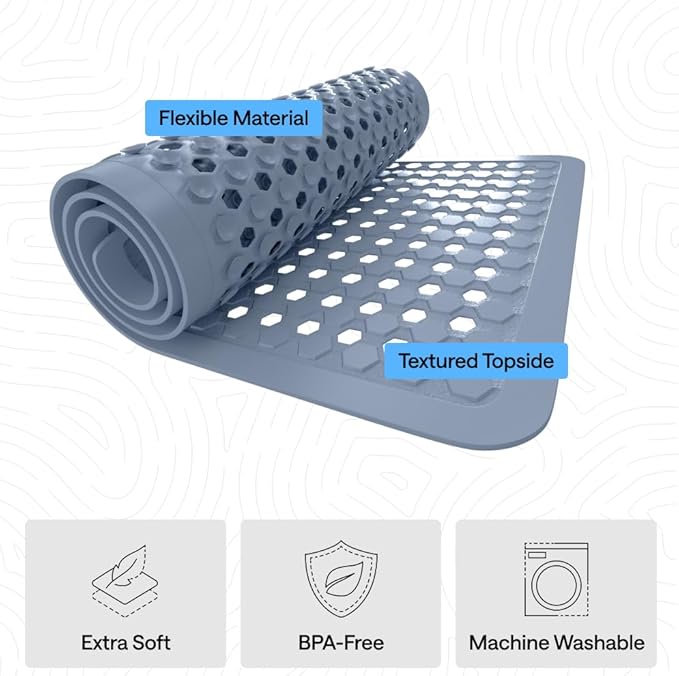 GORILLA GRIP Patented Bath Tub Shower Mat, Machine Washable Bathtub Floor Liner Mats, Suction Cups and Drain Holes to Keep Tubs Clean, Soft on Feet, Bathroom Essentials, 35x16 Inch, Sky Blue Opaque - Bloomnest