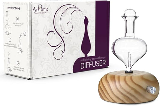 ArOmis Premium Glass Essential Oils Nebulizer - Waterless Diffuser for Aromatherapy - Handmade Oil Diffuser, Wooden Base, No Plastic, No Heat, No Battery, No LEDs - Orbis Lux Eros ArOmis