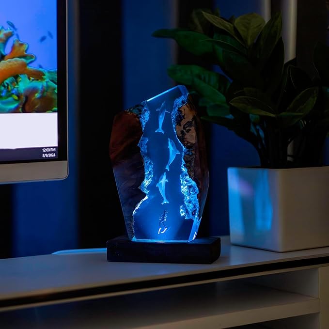Handmade 3D Ocean Resin Lamp, Epoxy Ocean Night Light with Wooden Base, LED Color Changing Table Lamp, USB Powered Dragons Decor, Unique Ocean Gift for Bedroom & Home Office (Dolphin&Diver) - Bloomnest