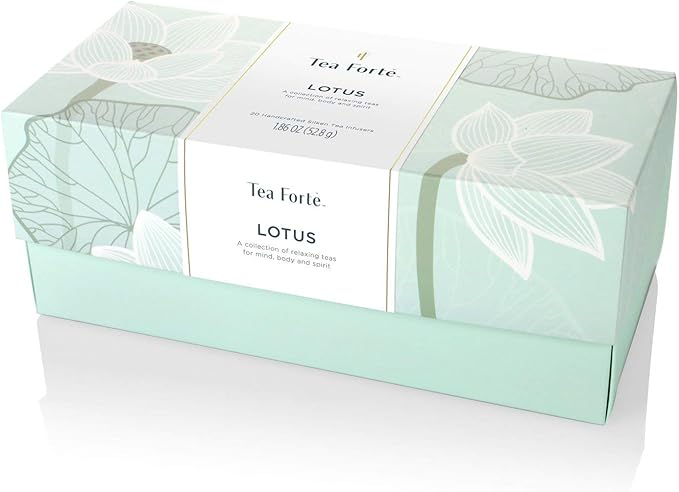 Tea Forte Lotus Presentation Box Tea Gift Set Sampler, 20 Assorted Variety Handcrafted Pyramid Infuser Bags, Black, Green, Oolong, White, Herbal Blends - Bloomnest