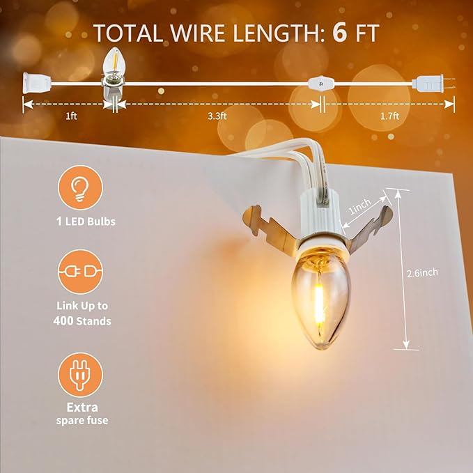4 Pack Accessory Cord with LED Night Light Bulbs - White Cord with On/Off Switch Plugs - C7 led Bulb Warm White with Spare Fuse, for Holiday Decoration and Craft Village House Decoration - Bloomnest
