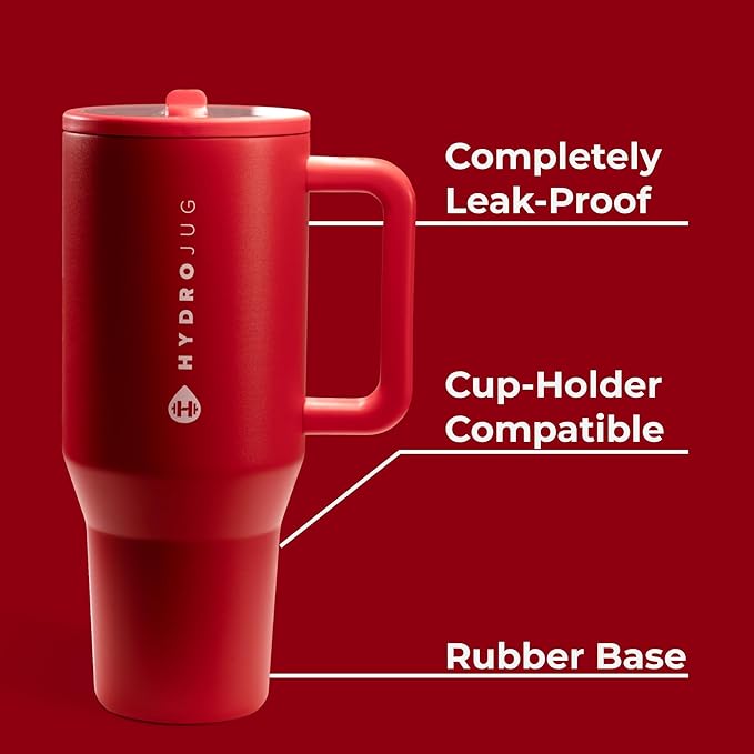 HydroJug Traveler - 32 oz Water Bottle with Handle & Flip Straw - Fits in Cup Holder, Leak Resistant Tumbler-Reusable Insulated Stainless Steel & Rubber Base - Gifts for Women & Men, Alumni Red - Bloomnest