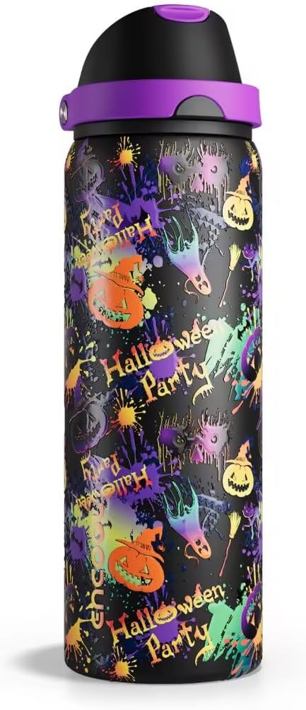 Insulated Water Bottle with Straw - Encool Stainless Steel Water Bottle with Push Button Lid, Leak-Proof & BPA-Free, Keeps Cold for 24 Hours for Sports, Travel, Gym (32 oz, Ghost Party) ENCOOL