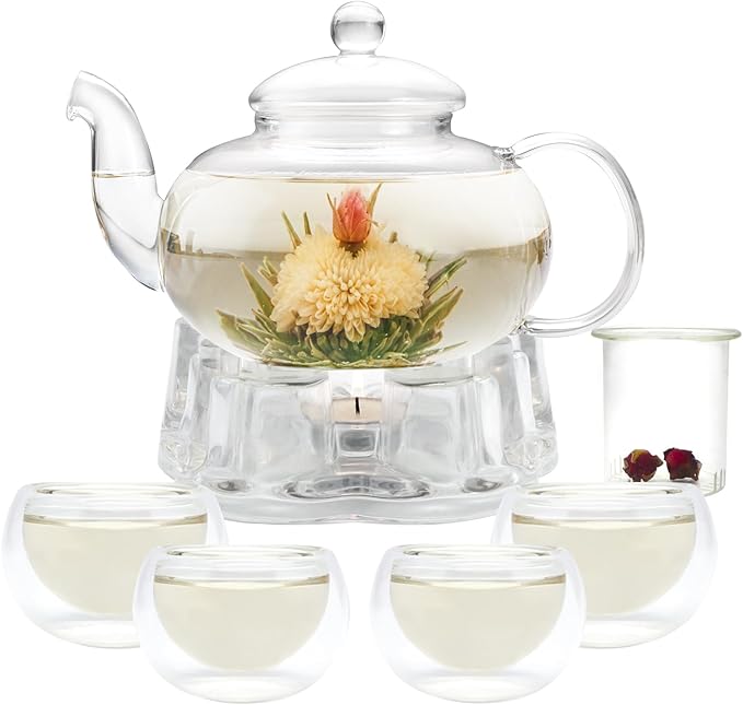 Glass Teapot Set, 34OZ/1000ML Glass Tea Kettle with Loose Tea Infuser & Warmer, 5OZ/150ML Double-Wall Tea Cup Set of 4, Stovetop & Microwave Safe Tea Maker, Blooming Tea Gift Set For Women - Bloomnest