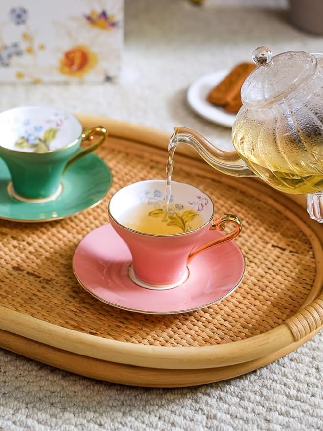 Aynsley Handpainting Colored Glaze Lily of the Valley Corset Fine Bone China English Tea Cup and Saucer Set, 6.1 oz (Orange) - Bloomnest
