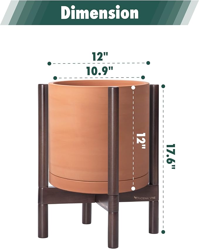 D'vine Dev Terracotta Planter with Walnut Color Stand - 12 Inch Modern Round Flower Pot with Wood Planter Holder, Terracotta, 55-B-W-5 - Bloomnest