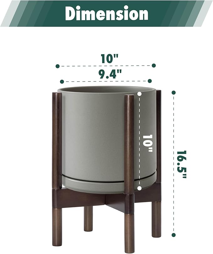 D'vine Dev Ceramic Planter with Walnut Color Stand - 10 Inch Modern Round Flower Pot with Wood Planter Holder, Grey, 55-B-X-3 - Bloomnest