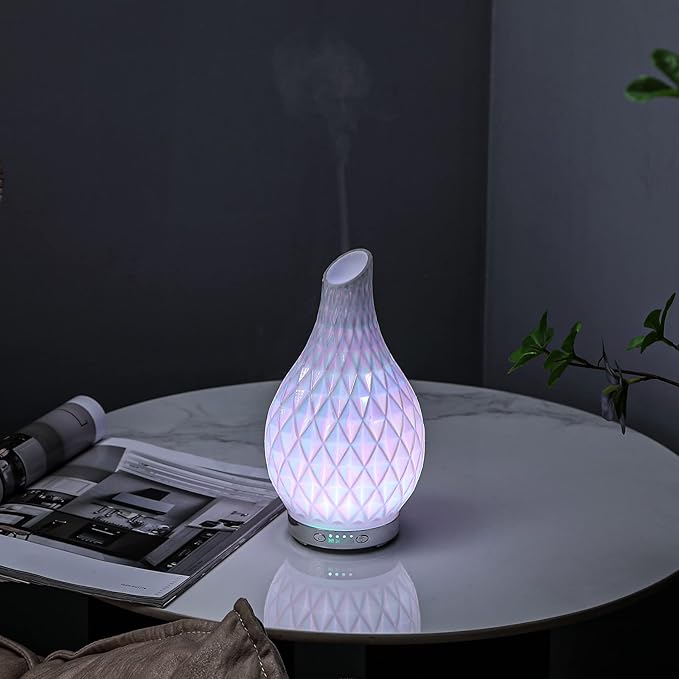 MAXWINER Essential Oil Diffuser Handmade Art Glass Aromatherapy Ultrasonic Humidifier with 7 Colors Lights Changing, Waterless Auto Shut-Off, Time Setting for Home, Office, Room 120ml (Diamond) - Bloomnest