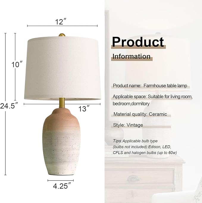 24.5" Vintage Ceramic Table Lamp - Single Farmhouse Rustic Bedside Lamp with Natural Textured Finish, Nightstand Lamps for Living Room, Bedroom, End Table, Office White and Brown - Bloomnest