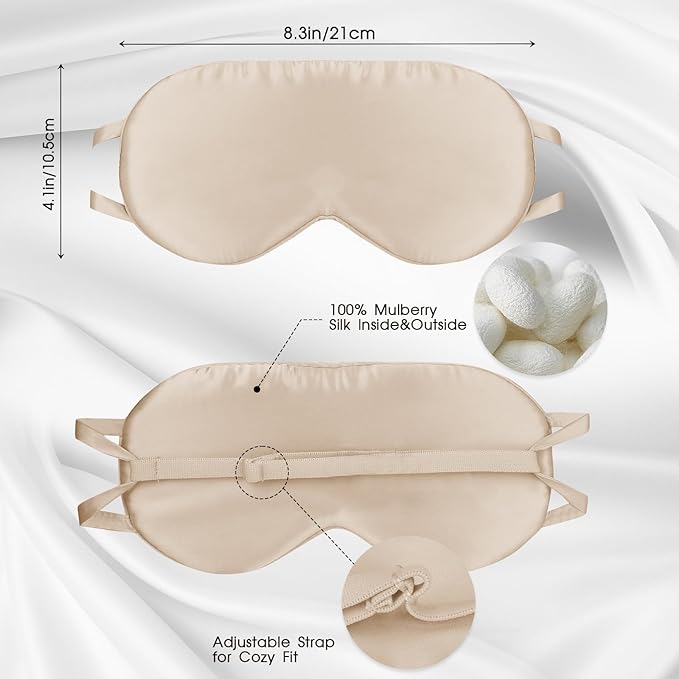 Silk Sleep Mask for Women/Men/Adults with Adjustable Strap Light Blocking Real Silk Eye Mask for Sleeping Plane/Side Sleeper/Travel,Champagne - Bloomnest