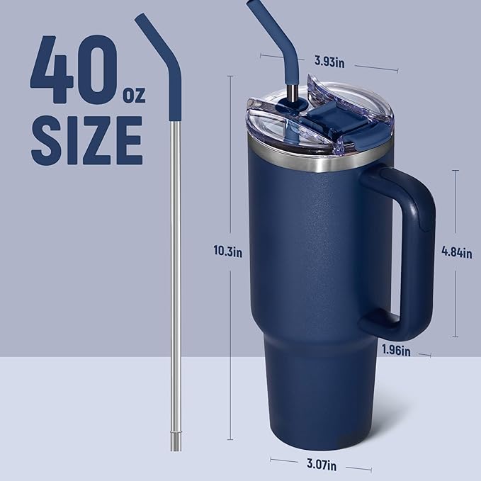COKTIK 40 oz Tumbler With Handle and Straw Lid, Vacuum Insulated Travel Coffee Mug Stainless Steel Insulated Cup for Beverages, Leak-proof, Cupholder Friendly(Navy) - Bloomnest