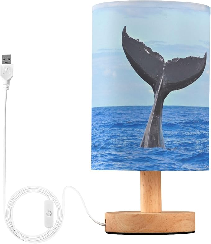 Table Lamp Humpback Whale Diving Tail Out of Sea Blue Ocean Nightstand Lamp with Wood Base Fabric Lamp Shade Bedside Desk Lamp for Living Room Bedroom Kids Room Office - Bloomnest