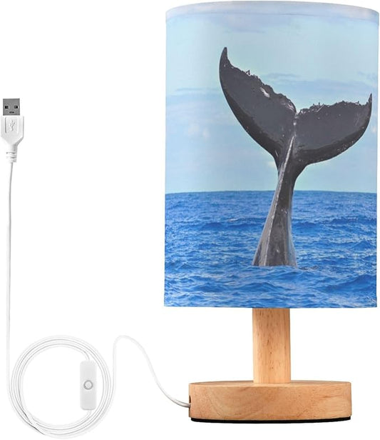 Table Lamp Humpback Whale Diving Tail Out of Sea Blue Ocean Nightstand Lamp with Wood Base Fabric Lamp Shade Bedside Desk Lamp for Living Room Bedroom Kids Room Office - Bloomnest