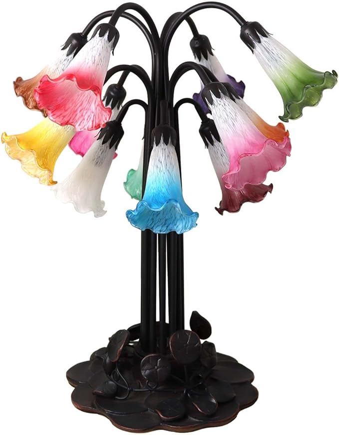 Bieye L10952 Lily Flower Blown Glass Accent Table Lamp for Living Room Bedroom Decoration (Multicolor, 12-Light) - Bloomnest