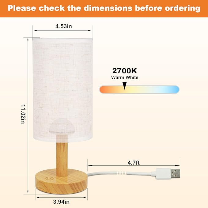 Small Touch Table Lamp with Stepless Dimming&USB Plug,Natural Round Wood Base&Linen Fabric Shade |Soft Ambient Warm Night Light|Minimalist Boho Bedside Lamp for Bedroom,Nightstand,Nursery,Kitchen,Dorm - Bloomnest