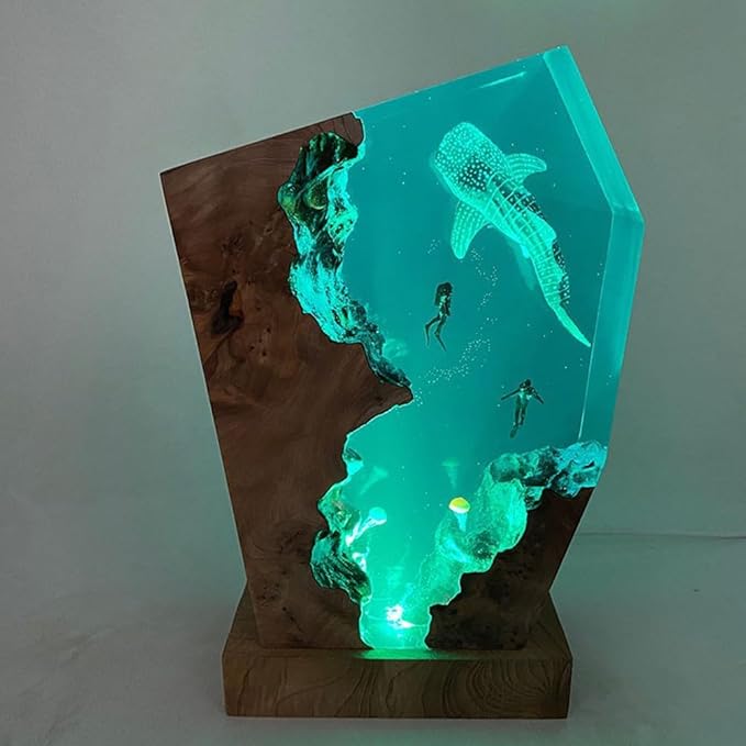Whale Shark Ocean Resin Lamp, Handmade Wooden Table Resin Night Light, USB Port Art Ornaments for Home Office Decor, Scuba Diver Gifts for Birthday Holiday, Valentine's Day Gifts for Husband - Bloomnest