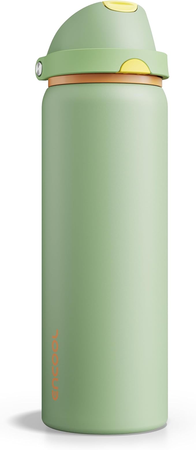 Insulated Water Bottle with Straw - Encool Stainless Steel Water Bottle with Push Button Lid, Leak-Proof & BPA-Free, Keeps Cold for 24 Hours for Sports, Travel, Gym (32 oz, Lichen-Yellow) ENCOOL