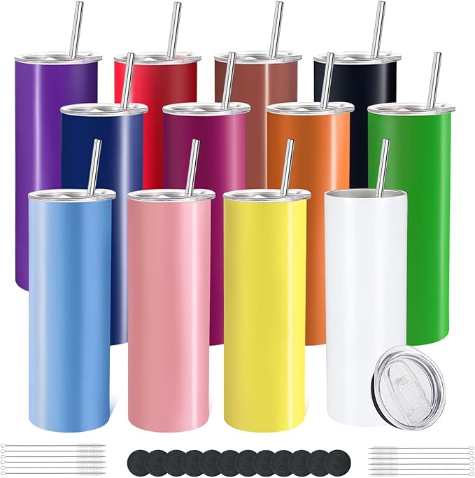YOUKE OLA 12 Pack Stainless Steel Skinny Tumblers 20oz - Bulk Straight Double Wall Vacuum Insulated Tumbler with Lid and Straw & Silicone Base for Travel, DIY, 12 Colors - Bloomnest