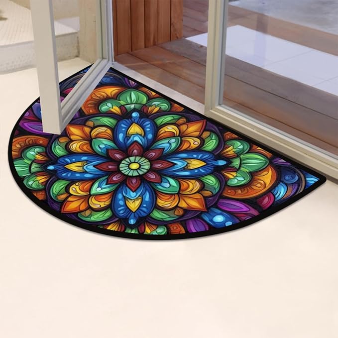 Half Round Door Mat, Glass Mandala Half Circle Rug for Home Decor Floor Indoor Outdoor Non-Slip Washable Half Moon Rug Doormat 36X24 Inch - Bloomnest