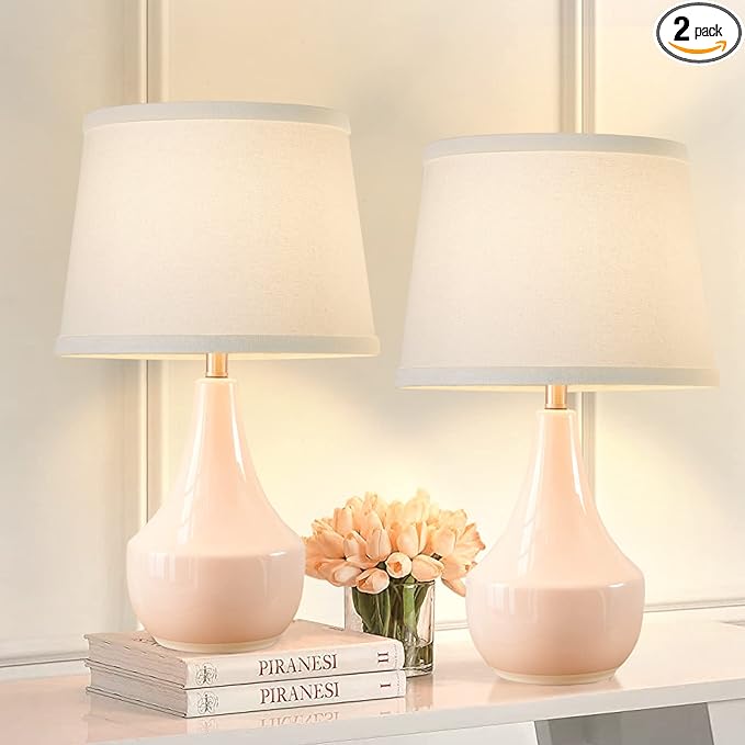 GyroVu Table Lamp Set of 2, 18.63” Ceramic Lamp Classic Beside Lamps Nightstand Lamp Modern Bedside Lamp for Living Room, Bedroom & Office Rocker Swtich Pink-LED Bulbs Included - Bloomnest