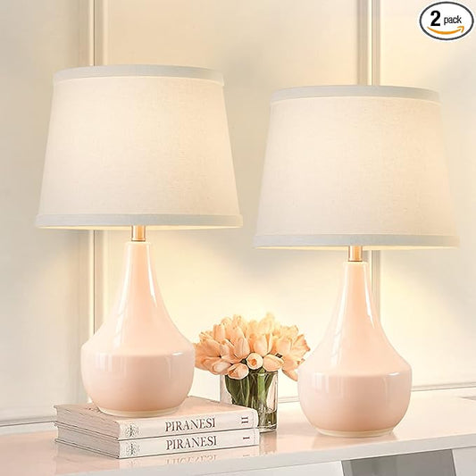 GyroVu Table Lamp Set of 2, 18.63” Ceramic Lamp Classic Beside Lamps Nightstand Lamp Modern Bedside Lamp for Living Room, Bedroom & Office Rocker Swtich Pink-LED Bulbs Included - Bloomnest