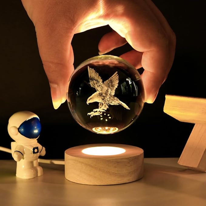 3D Laser Engraved Eagle Crystal Ball, Animal Figurine Decor Glass Sphere Lamp Night Light, Eagle Statue Gifts for Men Women Kids - Bloomnest