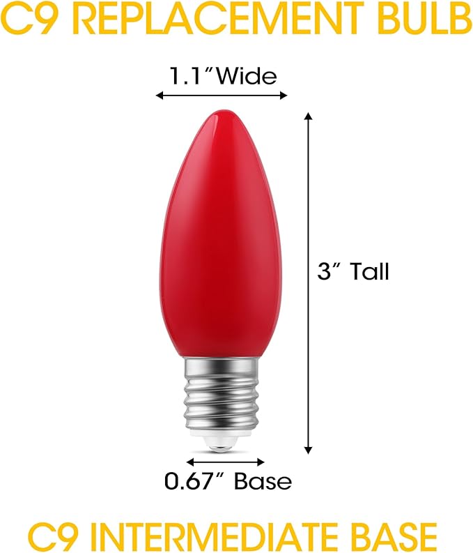 25-Pack Ceramic C9 Christmas Light Bulbs, Red LED Light Bulbs Holiday Decoration, Christmas Decor for Indoor & Outdoor Use, E17/C9 Intermediate Base (Red Smooth) - Bloomnest