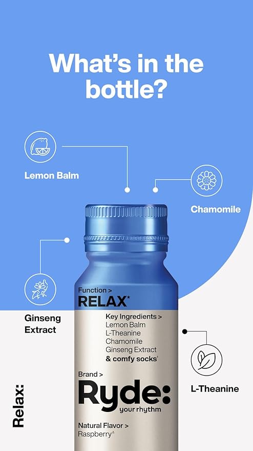 Ryde: Relax Shot | Raspberry Flavor | Lemon Balm, L-Theanine, Ginseng & Chamomile |0 Calories, 0 Sugar | 2 FL OZ Shots | Helps You Relax* (24 Pack) - Bloomnest