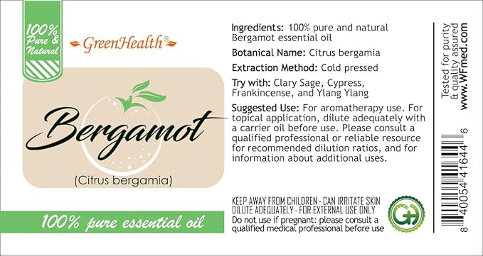 GreenHealth - 5 ml Bergamot Essential Oil - 100% Pure and Natural Greenals