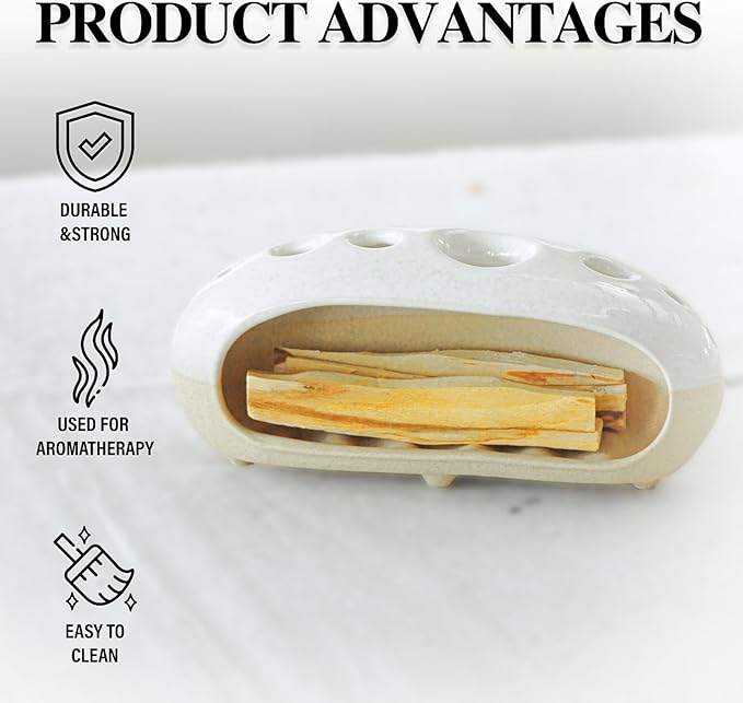 3 in 1 Palo Santo Holder for Sage Bundles Cone Incense, Handcrafted Ceramic Incense Burner Holder Ash Catcher with Chimney, Smudge Bowl for Yoga Meditation Home Decor (Multi - Porous White) GRAMSTORMAX