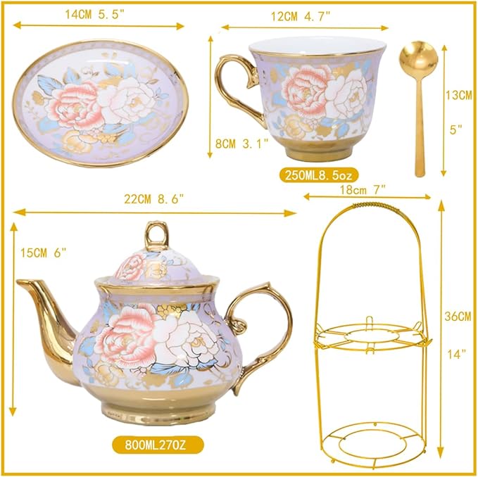 CHANJOON Gold Plated Red Rose Ceramic Tea Set, Vintage Tea Sets with Teapot, Beautiful Tea Set Coffee Serving 6 People (Purple, X Large) - Bloomnest