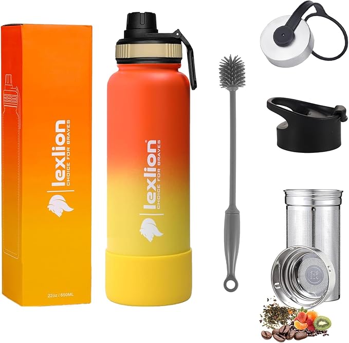 Lexlion Tea Infuser Water Bottle 22 Oz – Triple Wall Insulated Stainless Steel, Loose Leaf & Fruit Strainer, 3 Leakproof Lids, BPA-Free Silicone Sleeve, Reusable Thermal Mug - Bloomnest