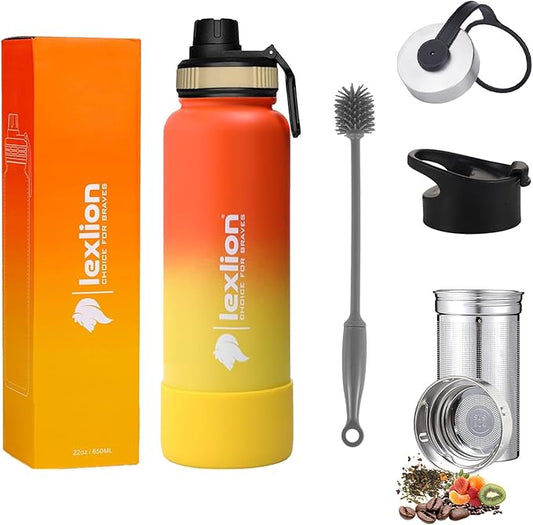 Lexlion Tea Infuser Water Bottle 22 Oz – Triple Wall Insulated Stainless Steel, Loose Leaf & Fruit Strainer, 3 Leakproof Lids, BPA-Free Silicone Sleeve, Reusable Thermal Mug - Bloomnest