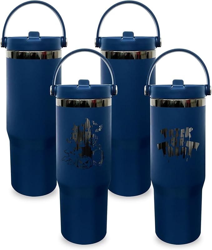 30 oz Tumbler with Handle, Double Wall Vacuum Insulated Tumblers with Flip Straw, Coffee Mug 30oz Powder Coated Cup for Hot and Cold Drinks(Black Plated, Navy,4 pack)