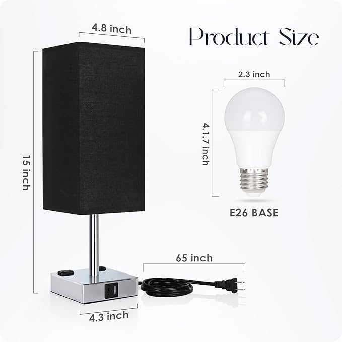 Bedside Lamp with USB Ports - Touch Control Table Lamp for Bedroom with USB C+A Charging Ports & AC Outlets, 3 Way Dimmable Nightstand Light for Living Room (Bulb Included, Black) - Bloomnest