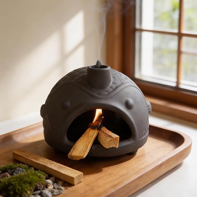 Handmade Black Fish-Shaped Palo Santo Holder - Charming Sage Burner for Cone Incense & Chiminea with Chimney - Thoughtful Gift for Energy Cleansing, Yoga, Spa, Altar Decor & Aromatherapy MOUGIGI