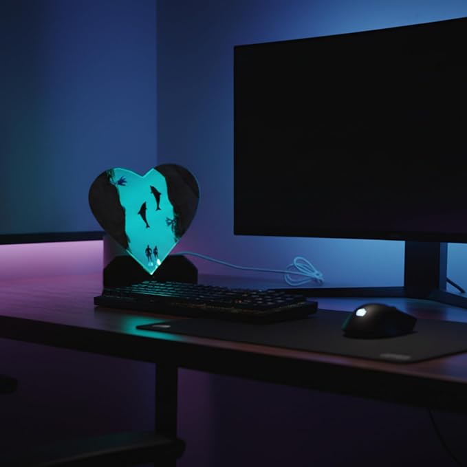 Handmade 3D Ocean Resin Lamp, Epoxy Ocean Night Light with Wooden Base, LED Color Changing Table Lamp, USB Powered Dragons Decor, Unique Ocean Gift for Bedroom & Home Office (Heart Shape) - Bloomnest