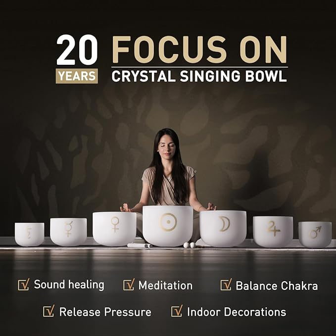 CVNC 432HZ 6-12 Inch Cosmic Pattern Design Frosted Quartz Crystal Singing Bowls Chakra Set of 7 with Carry Case Bag for Sound Healing and Meditation - Bloomnest