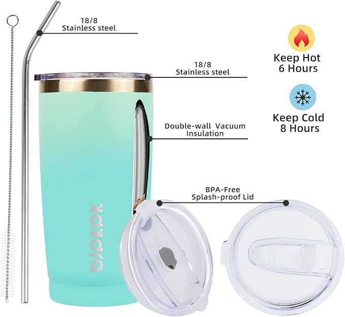 BJPKPK 20 oz Insulated Tumbler Stainless Steel Color Block Coffee Mug Vacuum Double Wall Thermal Travel Cup With Lids And Straw,Mint - Bloomnest